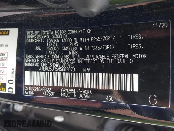 2021 Toyota 4Runner SR5 with VIN JTEMU5JR6M5882070, listed as a IAAI auction lot 42546284 with 79,206 mi miles and . Bid and sale history available at DreamBid. Image 9.