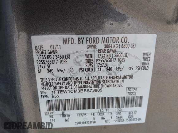 2011 Ford F-150 XL with VIN 1FTEW1CM3BFA73985, listed as a IAAI auction lot 41948818 with 84,436 mi miles. Bid and sale history available at carsss.com. Image 9.