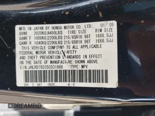 2005 Honda CR-V LX with VIN JHLRD78535C031868, listed as a IAAI auction lot 42002372 with 201,258 mi miles. Bid and sale history available at carsss.com. Image 9.