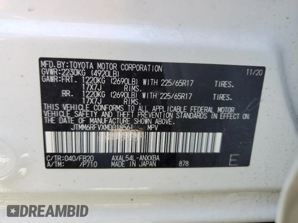 2021 Toyota RAV4 Hybrid LE with VIN JTMM6RFVXMD018561, listed as a Copart auction lot 60475965 with 56,074 mi miles and Salvage title. Bid and sale history available at DreamBid. Image 13.