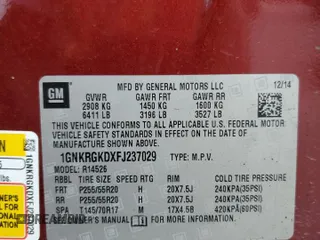 2015 Chevrolet Traverse LT with VIN 1GNKRGKDXFJ237029, listed as a Copart auction lot 62574245 with 148,409 mi miles and Salvage title. Bid and sale history available at DreamBid. Image 12.