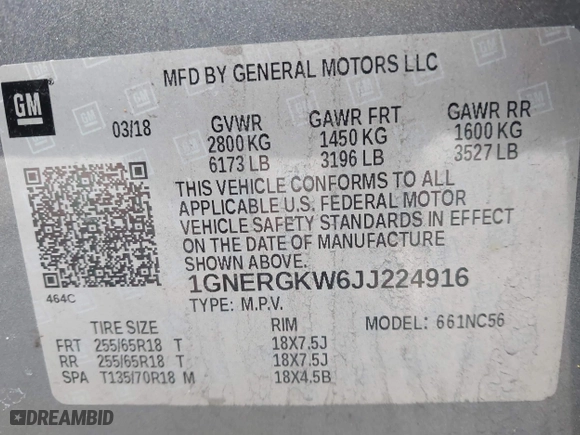 2018 Chevrolet Traverse LT Cloth with VIN 1GNERGKW6JJ224916, listed as a IAAI auction lot 41627315 with 180,639 mi miles. Bid and sale history available at carsss.com. Image 9.