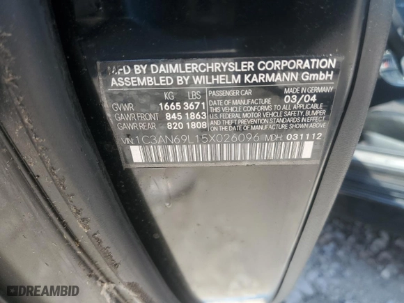 2005 Chrysler Crossfire Limited with VIN 1C3AN69L15X026096, listed as a Copart auction lot 71576934 with 175,199 mi miles and Salvage Title. Bid and sale history available at carsss.com. Image 12.