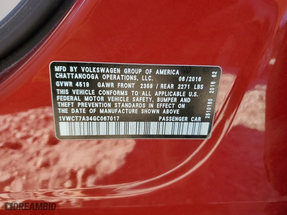 2016 Volkswagen Passat 1.8T SEL with VIN 1VWCT7A34GC067017, listed as a Copart auction lot 86243464 with 168,515 mi miles and Salvage Title. Bid and sale history available at carsss.com. Image 12.
