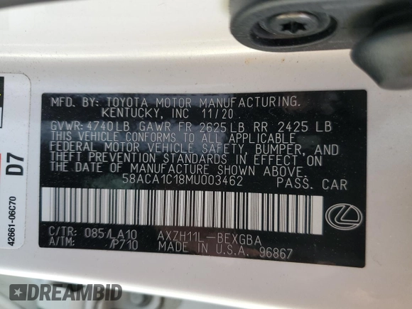 2021 Lexus ES with VIN 58ACA1C18MU003462, listed as a Copart auction lot 46827344 with 16,131 mi miles. Bid and sale history available at carsss.com. Image 12.
