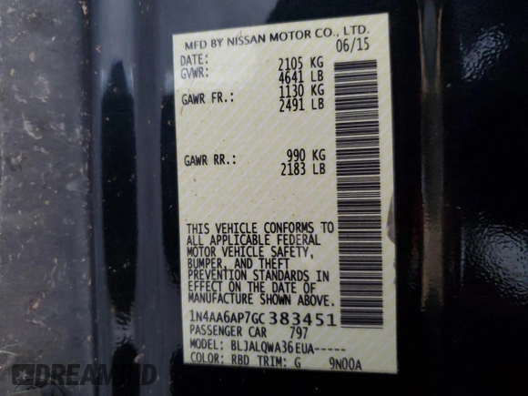 2016 Nissan Maxima Platinum with VIN 1N4AA6AP7GC383451, listed as a Copart auction lot 54774235 with 210,898 mi miles and Salvage title. Bid and sale history available at DreamBid. Image 12.