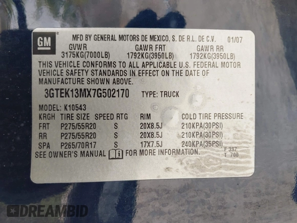 2007 GMC Sierra 1500 SLT z VIN 3GTEK13MX7G502170, wystawiony jako IAAI lot #42050534 z przebiegiem 134 289 mil mil oraz . Historia ofert i sprzedaży dostępna na DreamBid. Obrazek 9.