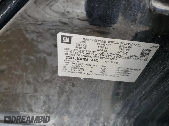 2013 GMC Terrain SLE with VIN 2GKALSEK1D6134342, listed as a Copart auction lot 57713815 with 168,964 mi miles and Salvage title. Bid and sale history available at DreamBid. Image 14.