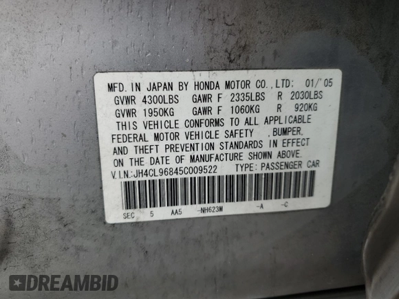 2005 Acura TSX with VIN JH4CL96845C009522, listed as a Copart auction lot 51146275 with 237,027 mi miles and Salvage Title. Bid and sale history available at DreamBid. Image 12.