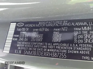 2024 Hyundai Tucson SEL with VIN 5NMJB3DEXRH387255, listed as a IAAI auction lot 41519486 with 17,320 mi miles and . Bid and sale history available at DreamBid. Image 9.