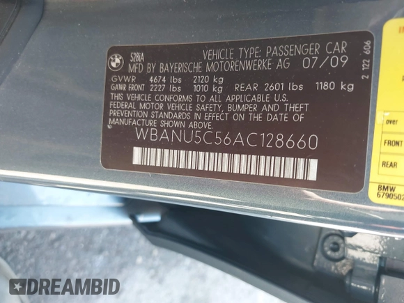 2010 BMW 5 Series 528i with VIN WBANU5C56AC128660, listed as a IAAI auction lot 41691585 with Not Provided miles and . Bid and sale history available at carsss.com. Image 9.