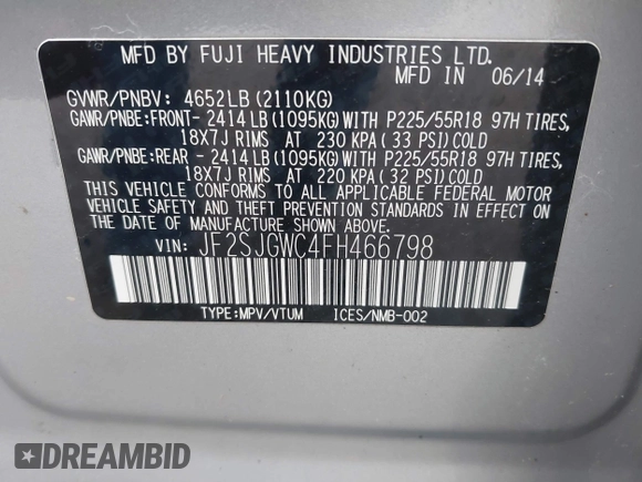 2015 Subaru Forester 2.0XT Touring with VIN JF2SJGWC4FH466798, listed as a IAAI auction lot 41868783 with 203,846 mi miles. Bid and sale history available at carsss.com. Image 9.