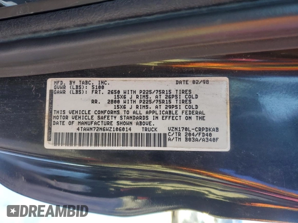 1998 Toyota Tacoma with VIN 4TAWN72N6WZ106014, listed as a Copart auction lot 87767435 with 167,626 mi miles and Salvage Title. Bid and sale history available at DreamBid. Image 12.