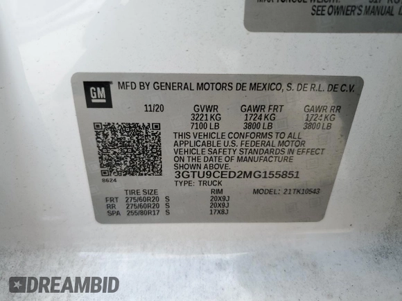 2021 GMC Sierra 1500 Elevation with VIN 3GTU9CED2MG155851, listed as a Copart auction lot 55025135 with 81,990 mi miles and Salvage Title. Bid and sale history available at DreamBid. Image 12.