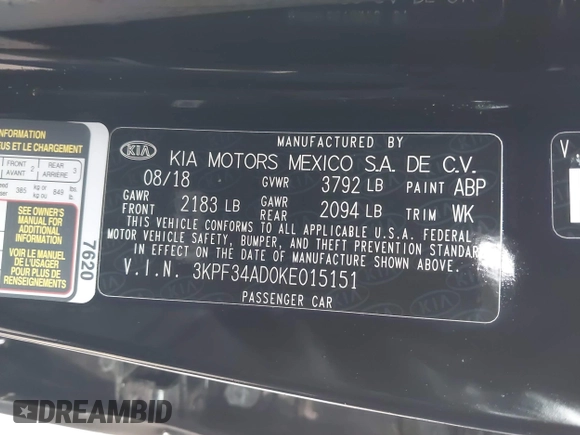 2019 Kia Forte S with VIN 3KPF34AD0KE015151, listed as a IAAI auction lot 41992096 with 62,736 mi miles. Bid and sale history available at carsss.com. Image 9.
