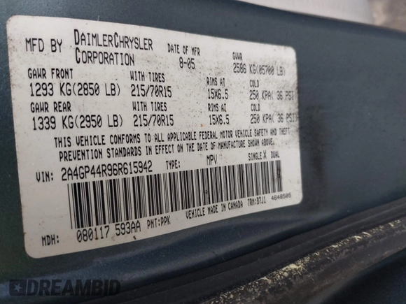 2006 Chrysler Town & Country LX with VIN 2A4GP44R96R615942, listed as a IAAI auction lot 42039452 with 158,009 mi miles and . Bid and sale history available at DreamBid. Image 9.