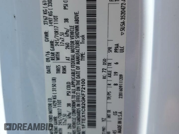 2016 Ford F-150 XL with VIN 1FTEX1C82GKF72100, listed as a Copart auction lot 55204515 with 123,117 mi miles and Salvage title. Bid and sale history available at DreamBid. Image 12.
