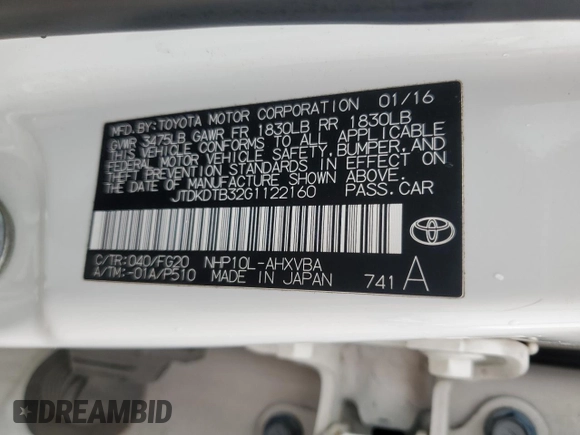 2016 Toyota Prius One with VIN JTDKDTB32G1122160, listed as a Copart auction lot 53308555 with 144,711 mi miles and Clean Title. Bid and sale history available at carsss.com. Image 12.