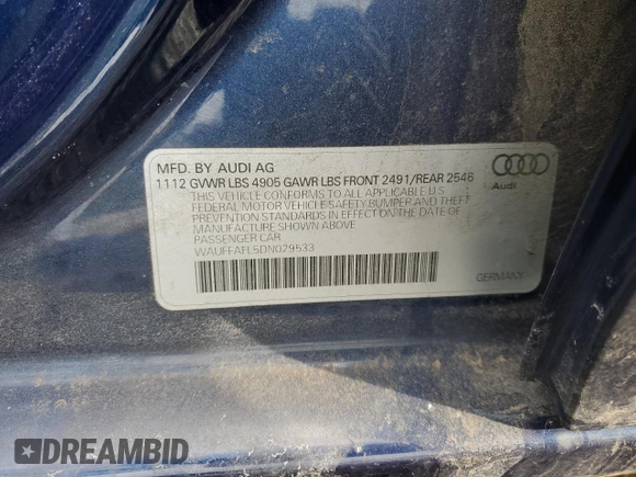 2013 Audi A4 Premium Plus с VIN WAUFFAFL5DN029533, выставлен на аукционе Copart как лот 87968745 с пробегом Не указан миль и На запчасти • Non repairable. История ставок и продаж доступна на DreamBid. Изображение 13.