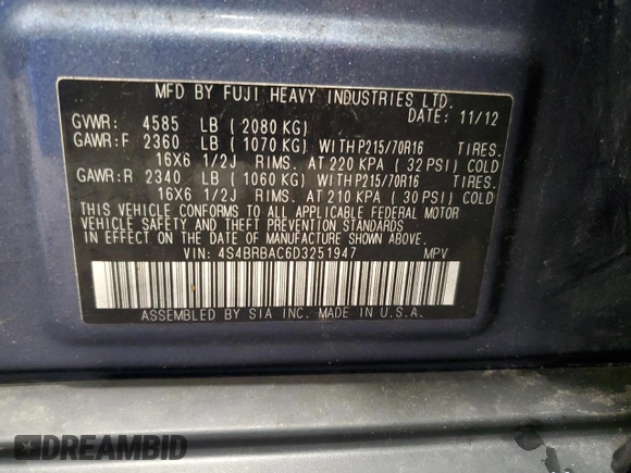 2013 Subaru Outback 2.5i with VIN 4S4BRBAC6D3251947, listed as a Copart auction lot 60460705 with 97,278 mi miles and Salvage title. Bid and sale history available at DreamBid. Image 14.
