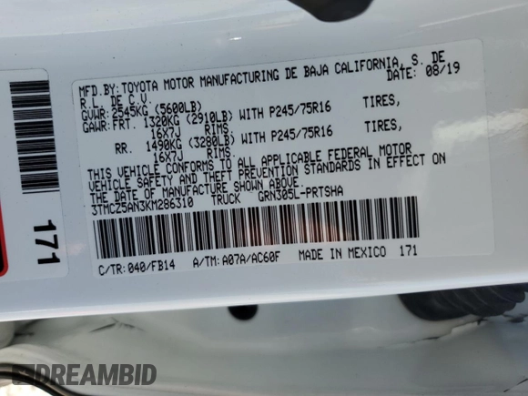 2019 Toyota Tacoma SR z VIN 3TMCZ5AN3KM286310, wystawiony jako Copart lot #60290625 z przebiegiem 51 845 mil mil oraz Szkoda całkowita • Salvage title. Historia ofert i sprzedaży dostępna na DreamBid. Obrazek 12.