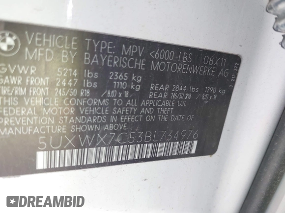 2011 BMW X3 35i with VIN 5UXWX7C53BL734976, listed as a IAAI auction lot 41827743 with 184,900 mi miles and . Bid and sale history available at DreamBid. Image 9.