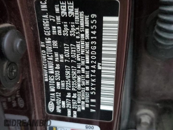 2013 Kia Sorento LX with VIN 5XYKT4A20DG314559, listed as a Copart auction lot 85943334 with 166,771 mi miles and Salvage title. Bid and sale history available at DreamBid. Image 12.
