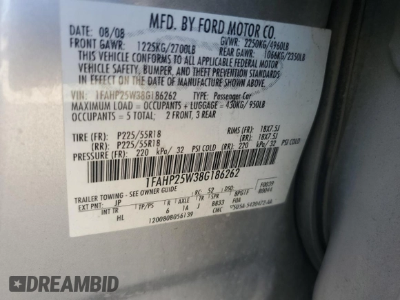 2008 Ford Taurus Limited with VIN 1FAHP25W38G186262, listed as a Copart auction lot 44364075 with 113,480 mi miles and Salvage Title. Bid and sale history available at DreamBid. Image 13.