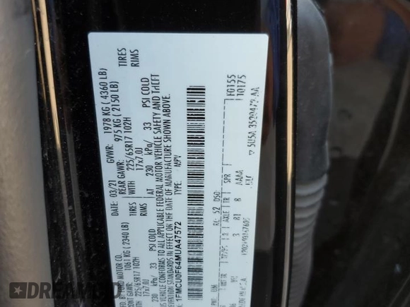2021 Ford Escape S с VIN 1FMCU0F64MUA47572, выставлен на аукционе Copart как лот 52890665 с пробегом Не указан миль и Списание • Salvage title. История ставок и продаж доступна на DreamBid. Изображение 14.