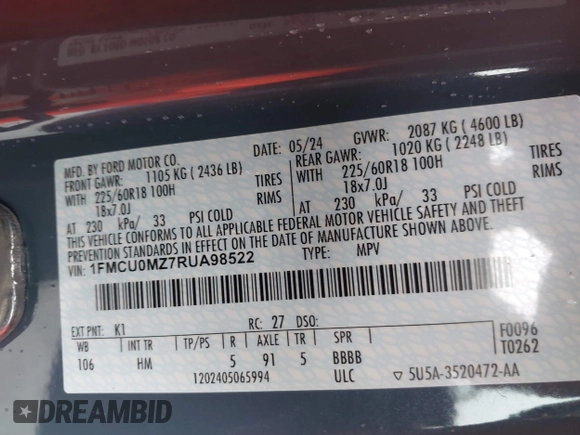 2024 Ford Escape ST-Line with VIN 1FMCU0MZ7RUA98522, listed as a IAAI auction lot 41268845 with 10,448 mi miles and . Bid and sale history available at DreamBid. Image 9.