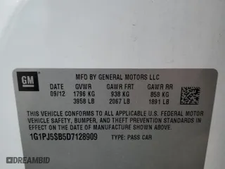 2013 Chevrolet Cruze ECO with VIN 1G1PJ5SB5D7128909, listed as a Copart auction lot 58171454 with 93,648 mi miles and Salvage Title. Bid and sale history available at carsss.com. Image 12.