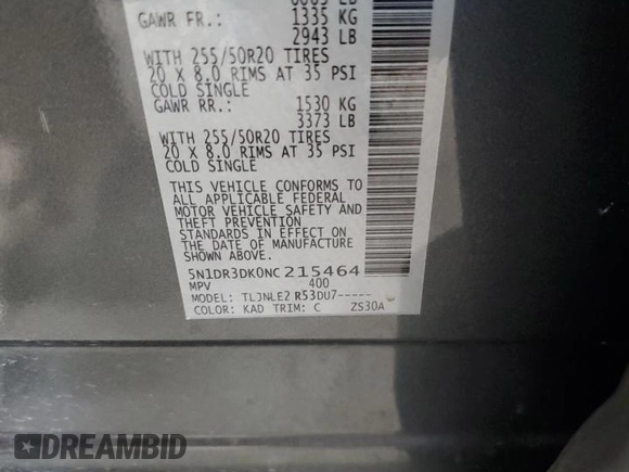 2022 Nissan Pathfinder Platinum with VIN 5N1DR3DK0NC215464, listed as a Copart auction lot 55398925 with 85,302 mi miles and Salvage title. Bid and sale history available at DreamBid. Image 13.