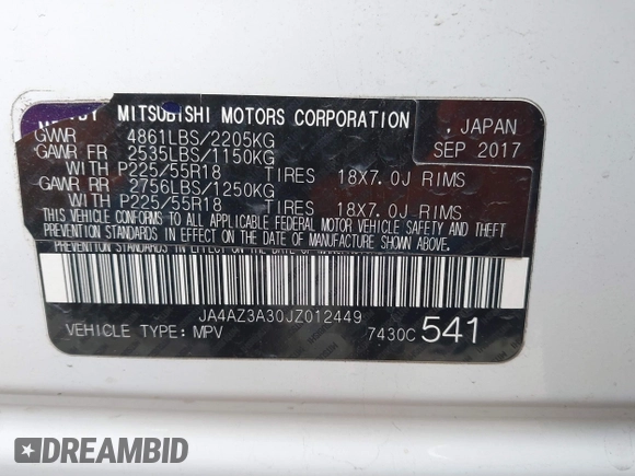 2018 Mitsubishi Outlander ES with VIN JA4AZ3A30JZ012449, listed as a IAAI auction lot 41883552 with 84,453 mi miles and . Bid and sale history available at DreamBid. Image 9.