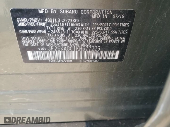 2019 Subaru Forester Premium with VIN JF2SKAGC1KH577229, listed as a Copart auction lot 60798565 with 43,035 mi miles and Salvage title. Bid and sale history available at DreamBid. Image 13.