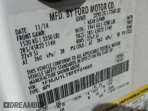 2015 Ford Expedition Platinum z VIN 1FMJU1LT8FEF01665, wystawiony jako Copart lot #61469305 z przebiegiem 155 471 mil mil oraz Szkoda całkowita • Salvage title. Historia ofert i sprzedaży dostępna na DreamBid. Obrazek 14.