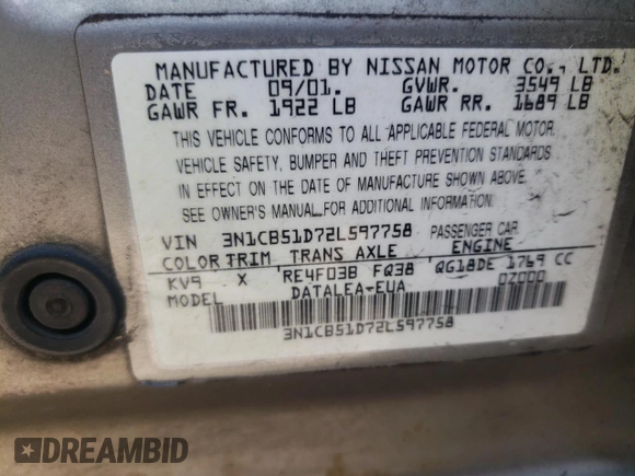 2002 Nissan Sentra GXE z VIN 3N1CB51D72L597758, wystawiony jako Copart lot #60155975 z przebiegiem 95 922 mil mil oraz Nie do naprawy • Non repairable. Historia ofert i sprzedaży dostępna na DreamBid. Obrazek 13.
