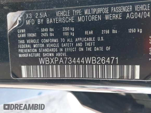 2004 BMW X3 2.5i with VIN WBXPA73444WB26471, listed as a IAAI auction lot 41702540 with 161,894 mi miles. Bid and sale history available at carsss.com. Image 9.