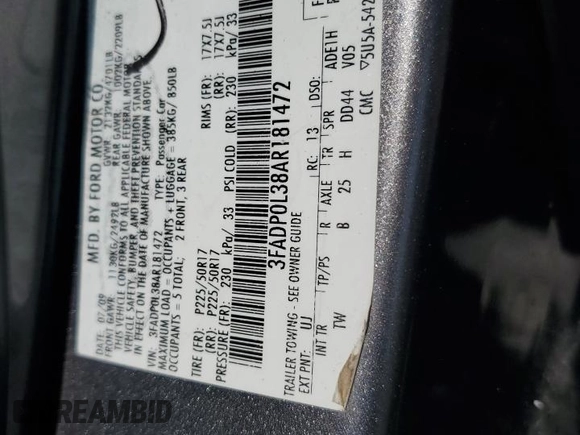 2010 Ford Fusion Hybrid with VIN 3FADP0L38AR181472, listed as a Copart auction lot 62388635 with 108,821 mi miles and Clean title. Bid and sale history available at DreamBid. Image 12.
