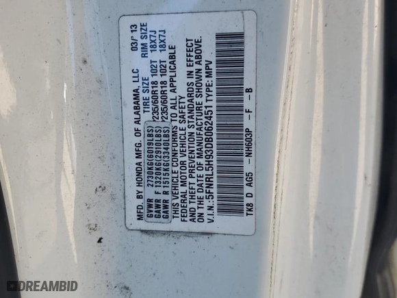 2013 Honda Odyssey Touring with VIN 5FNRL5H93DB062451, listed as a Copart auction lot 48720275 with 0 mi miles and Clean Title. Bid and sale history available at carsss.com. Image 13.