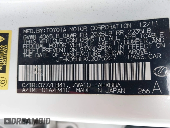 2012 Lexus CT CT 200h with VIN JTHKD5BHXC2075227, listed as a IAAI auction lot 41740583 with 129,412 mi miles and . Bid and sale history available at carsss.com. Image 9.