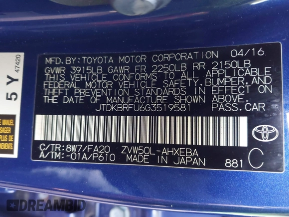 2016 Toyota Prius Two with VIN JTDKBRFU6G3519581, listed as a IAAI auction lot 41662291 with 125,802 mi miles and . Bid and sale history available at carsss.com. Image 9.