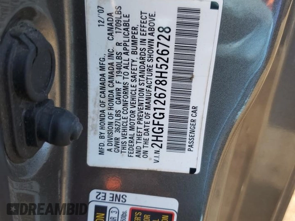 2008 Honda Civic Cpe LX with VIN 2HGFG12678H526728, listed as a Copart auction lot 88796065 with 193,445 mi miles and Non Repairable. Bid and sale history available at carsss.com. Image 14.