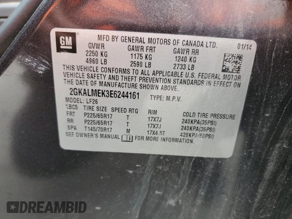 2014 GMC Terrain SLE z VIN 2GKALMEK3E6244161, wystawiony jako Copart lot #57856015 z przebiegiem 127 545 mil mil oraz Szkoda całkowita • Salvage title. Historia ofert i sprzedaży dostępna na DreamBid. Obrazek 13.