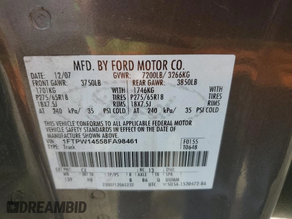 2008 Ford F-150 XLT with VIN 1FTPW14558FA98461, listed as a Copart auction lot 55632555 with 171,220 mi miles and Salvage title. Bid and sale history available at DreamBid. Image 12.