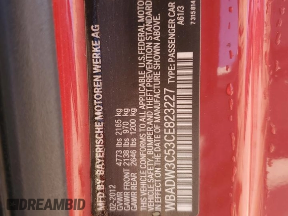 2012 BMW 3 Series 328i with VIN WBADW3C53CE823227, listed as a Copart auction lot 62693515 with 100,514 mi miles and Salvage title. Bid and sale history available at DreamBid. Image 12.