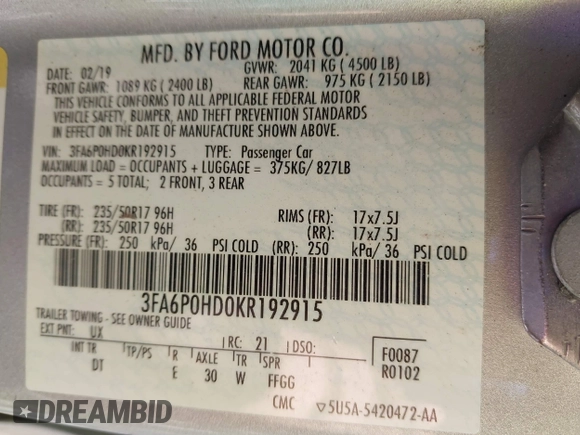 2019 Ford Fusion SE with VIN 3FA6P0HD0KR192915, listed as a IAAI auction lot 41980996 with 128,336 mi miles. Bid and sale history available at carsss.com. Image 9.