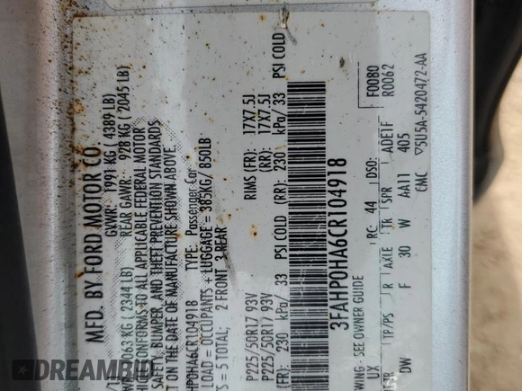 2012 Ford Fusion SE with VIN 3FAHP0HA6CR104918, listed as a Copart auction lot 57497295 with 177,017 mi miles and Salvage title. Bid and sale history available at DreamBid. Image 13.