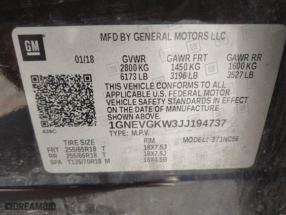 2018 Chevrolet Traverse LT Cloth with VIN 1GNEVGKW3JJ194737, listed as a IAAI auction lot 41590686 with 176,108 mi miles. Bid and sale history available at carsss.com. Image 9.