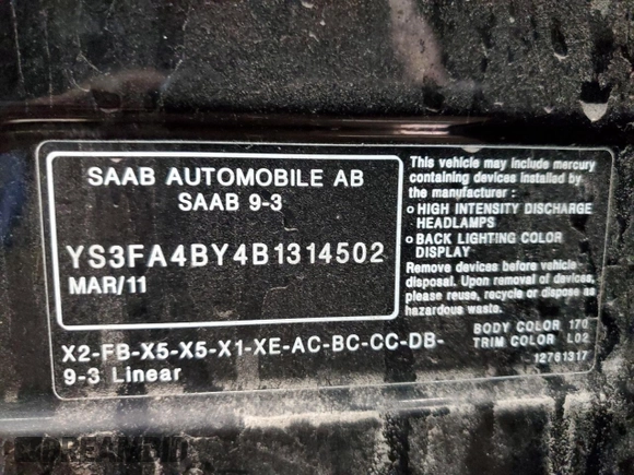 2011 Saab 9-3 z VIN YS3FA4BY4B1314502, wystawiony jako Copart lot #43541325 z przebiegiem 169 080 mil mil oraz Szkody całkowita. Historia ofert i sprzedaży dostępna na DreamBid. Obrazek 14.