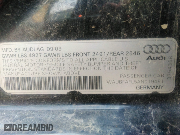 2010 Audi A4 2.0T Premium with VIN WAUBFAFL5AN019451, listed as a IAAI auction lot 36974022 with 126,645 mi miles. Bid and sale history available at carsss.com. Image 9.